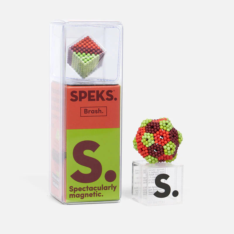 Speks. Bolds. Brash magnetic balls in colorful matte finish displayed in clear packaging and shaped creatively.