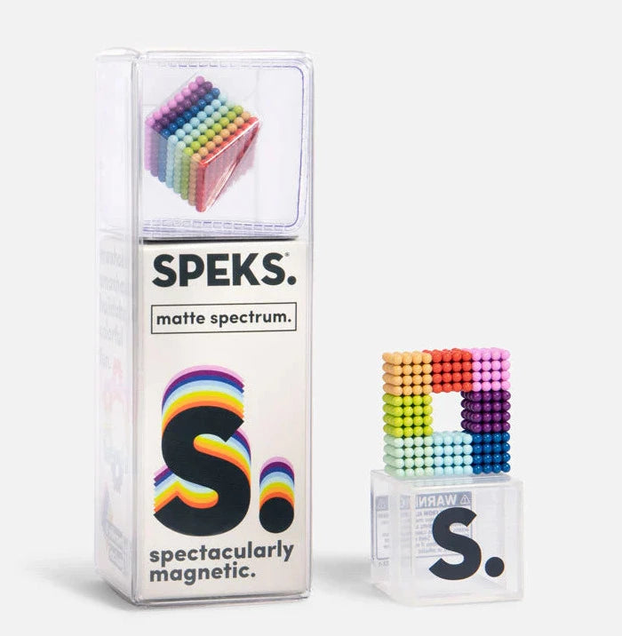 Speks. Matte Spectrum. colorful matte magnetic balls arranged in a square shape on clear display box.