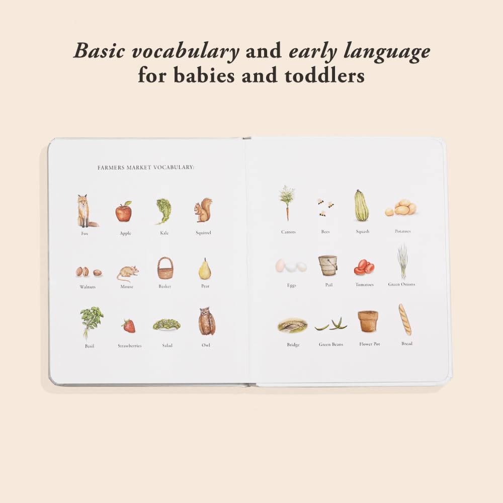 Open children’s book with watercolor illustrations of farm animals, fruits, vegetables, and simple vocabulary words
