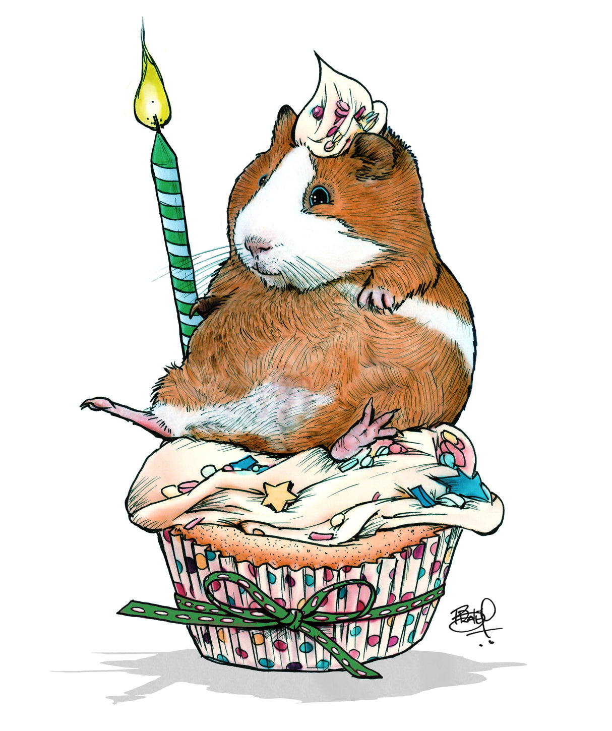 Illustration of a guinea pig on a cupcake with a candle for the Plop on Top Guinea Pig Card.