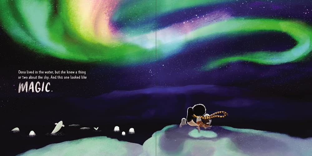 Oona in the Arctic shows a baby mermaid on ice under vibrant northern lights with a compass and penguins nearby.