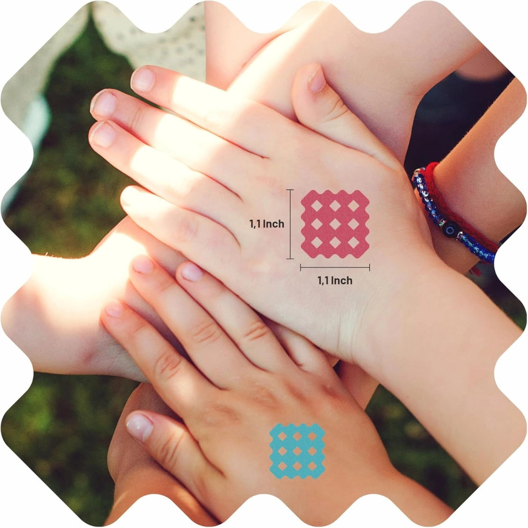 Natpat | Magicpatch Natural Itch Relief Stickers applied on kids' hands showing size and usage for bug bite relief.