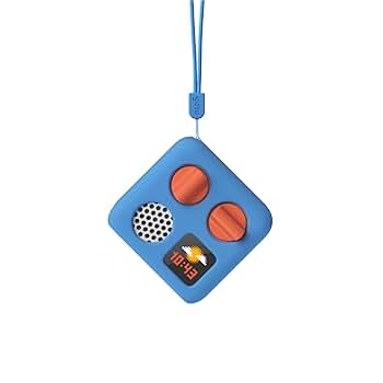 Blue silicone Adventure Jacket Mini case with wrist lanyard protecting Yoto Mini player from bumps and drops