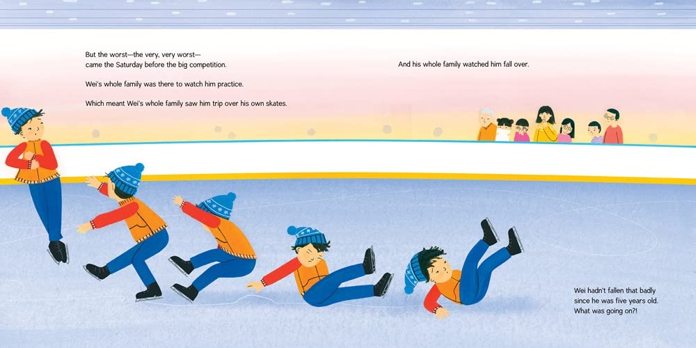 Illustration from Wei Skates On showing a boy in an orange jacket and blue hat falling multiple times on the ice rink while skating.