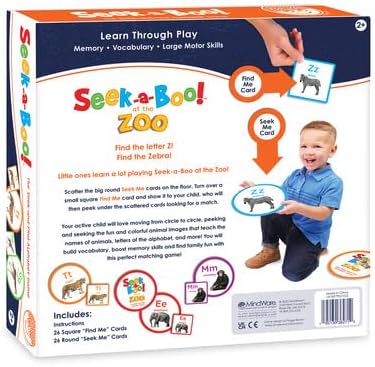 Seek a Boo at the Zoo matching game box showing colorful animal cards for ages 2+, promotes learning and memory skills.
