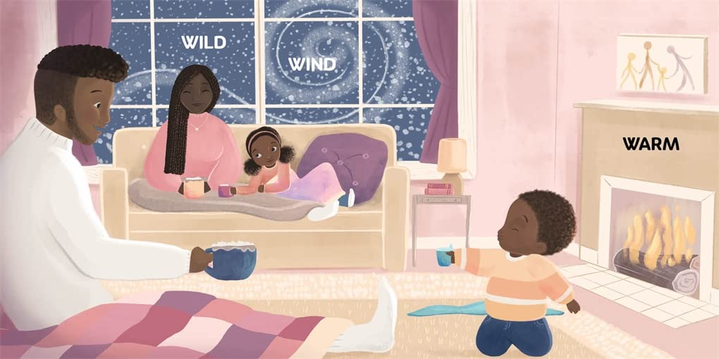 Illustration from Snowy Mittens - A Winter Adventure showing a cozy family by the fire on a snowy, windy night.