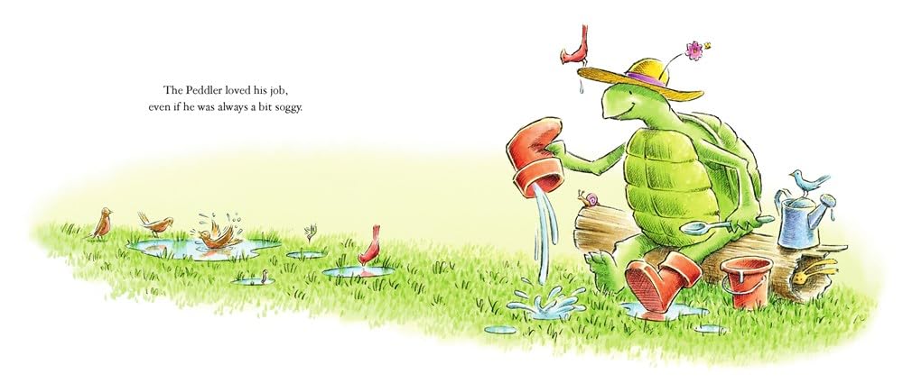 The Peddler of Puddles shows a turtle watering puddles for forest friends in a whimsical countryside scene.