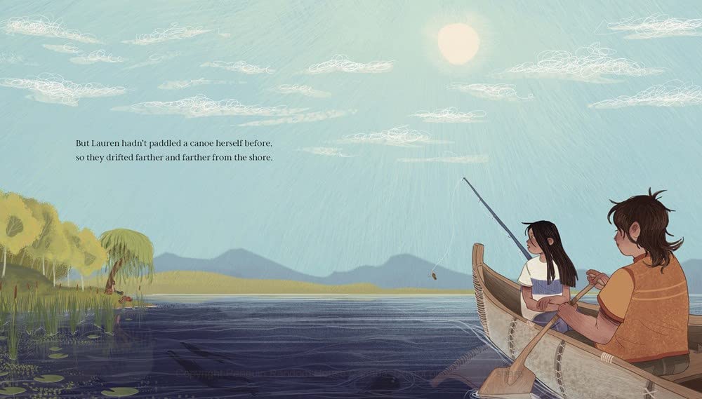 The Song That Called Them Home shows children fishing in a canoe on a calm lake under a bright sky.