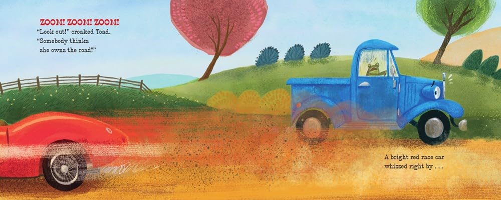 Illustration from Little Blue Truck and Racer Red showing Blue Truck and Racer Red speeding on a dirt road with trees.
