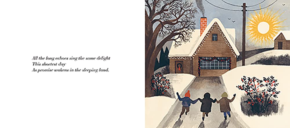 The Shortest Day book illustration of children walking to a warmly lit house on a snowy shortest day.