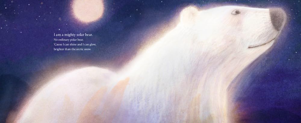 Illustration of a glowing polar bear under the moonlight in The Solar Bear children's book by Beth Ferry and Brendan Wenzel.