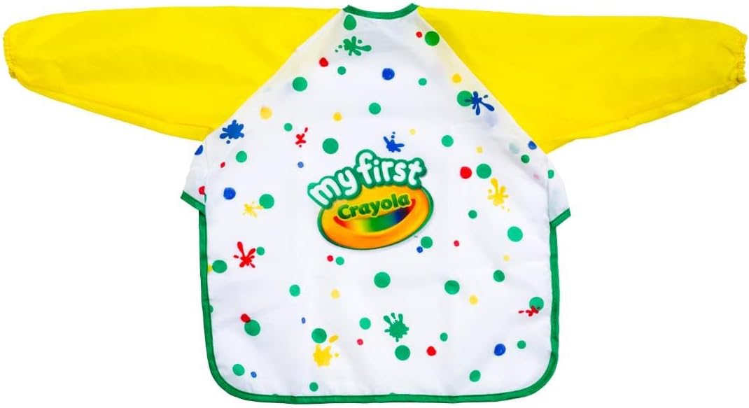 Young Kids Art Smock with yellow sleeves and colorful polka dots, designed to protect toddlers during creative activities.