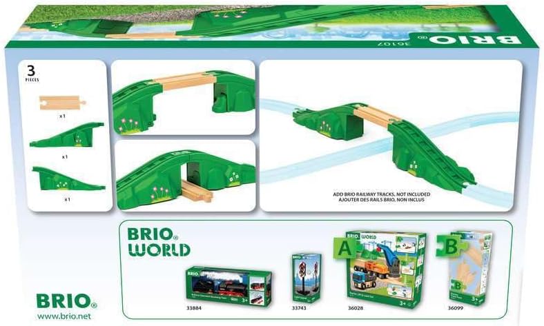 Wooden arch bridge toy set with sturdy green supports for creating elevated train track layouts for kids aged three and up