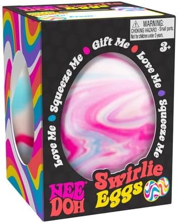 NeeDoh Swirlie Egg in swirled pink and white marble, soft squeezable sensory toy for Easter and stress relief.