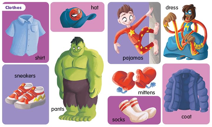 Marvel Beginnings: First 100 Words padded board book with Marvel characters teaching kids clothes vocabulary.