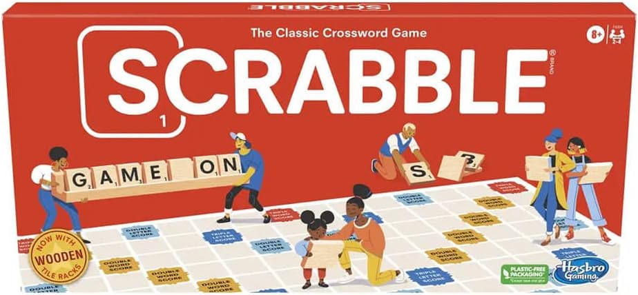 Scrabble classic crossword board game box with wooden letter tiles and players around a colorful game board