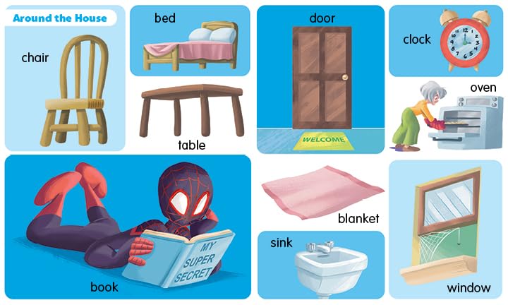 Marvel Beginnings: First 100 Words padded board book page showing household items and Spider-Man reading a book.
