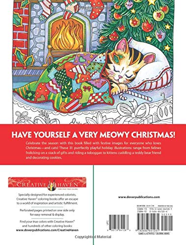 Christmas Cats Coloring Book cover showing a cozy cat sleeping by a Christmas tree and fireplace with holiday decorations.