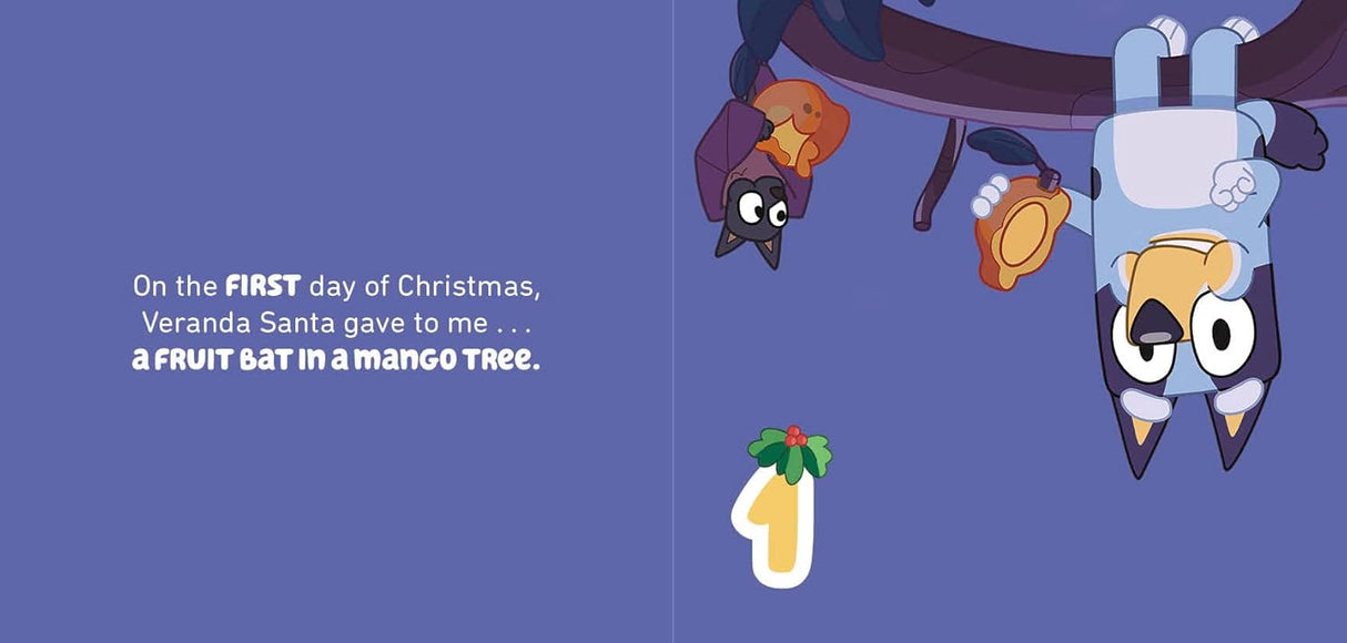 Illustration from Bluey 12 Days of Christmas showing a fruit bat hanging upside down in a mango tree on day one.