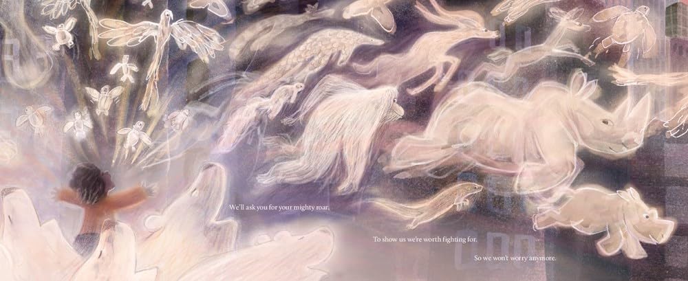 The Solar Bear illustration with glowing animals including rhinos, horses, and birds in a magical night scene.