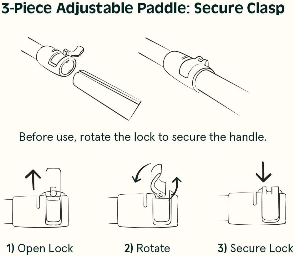 Illustration showing the secure clasp assembly steps for the 3-piece adjustable paddle on the Weekender Nano Kids' Inflatable Paddle Board.