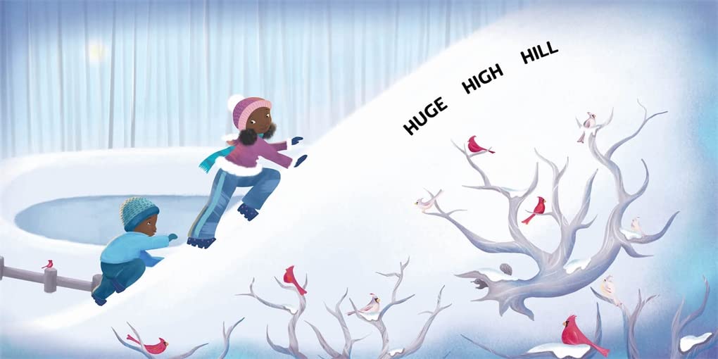Snowy Mittens - A Winter Adventure shows kids climbing a snowy hill with red birds and a frozen pond nearby.