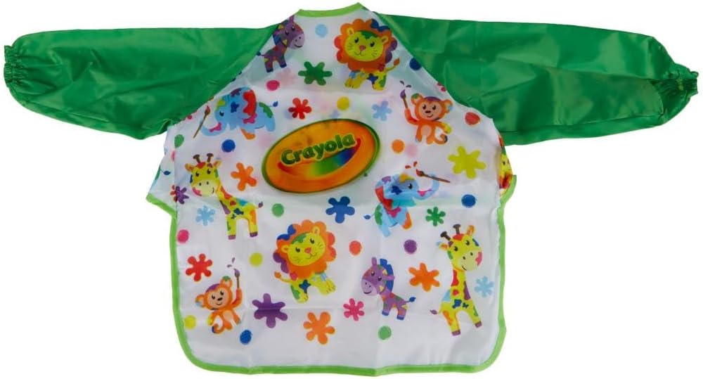 Young Kids Art Smock with colorful animal prints and green sleeves, protecting toddlers during creative painting and crafting activities.