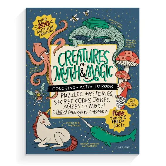 Coloring and activity book featuring over 200 mythical creatures with puzzles, jokes, mazes, and fun facts for kids.