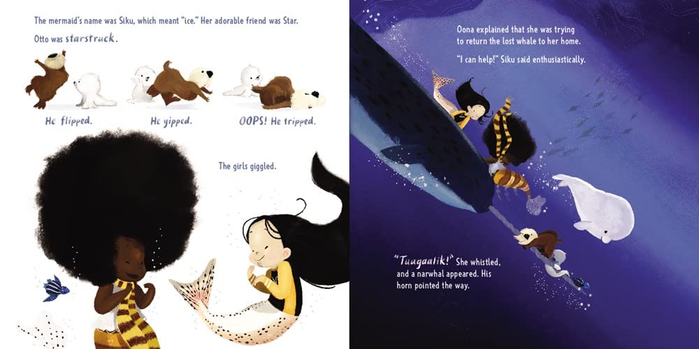 Oona in the Arctic" illustration showing a mermaid and friends helping a baby beluga whale find its way home through icy waters.