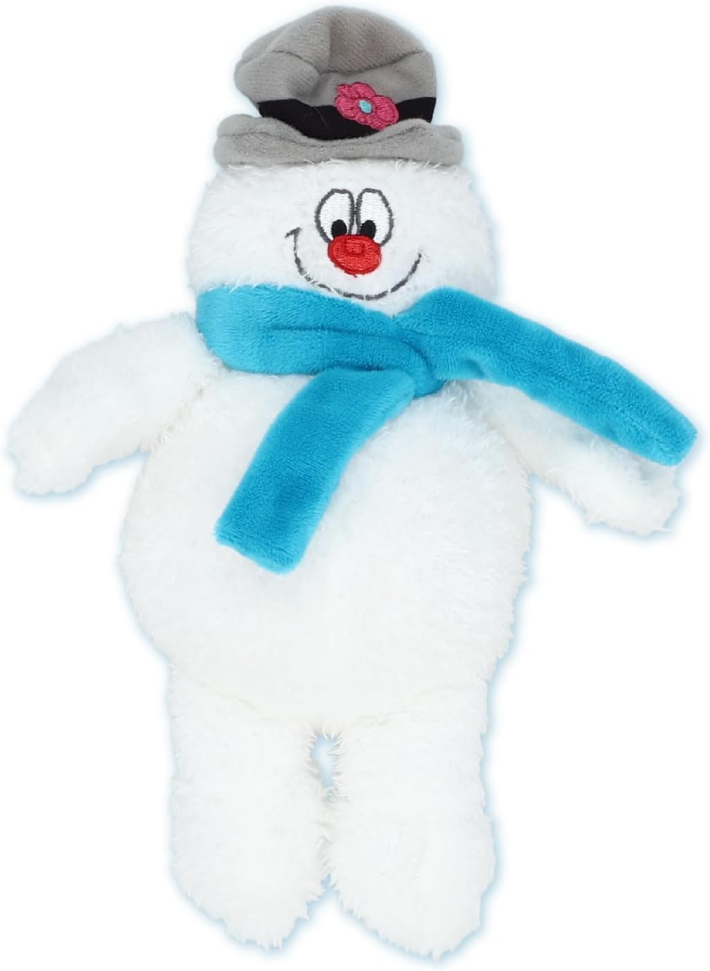 Frosty the Snowman plush with blue scarf and gray top hat featuring embroidered smiling face.
