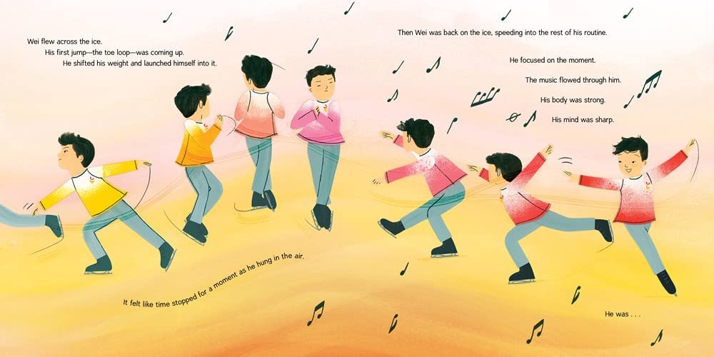 Illustration from Wei Skates On showing a boy performing ice skating moves with music notes around him.