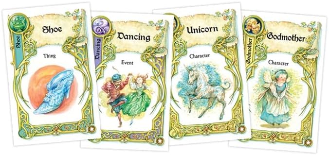 Once Upon a Time fantasy story cards featuring a shoe a dancing scene a unicorn and a godmother