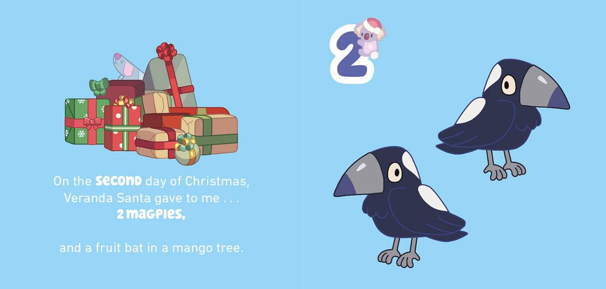 Illustration from Bluey 12 Days of Christmas showing two magpies with wrapped presents in the background.