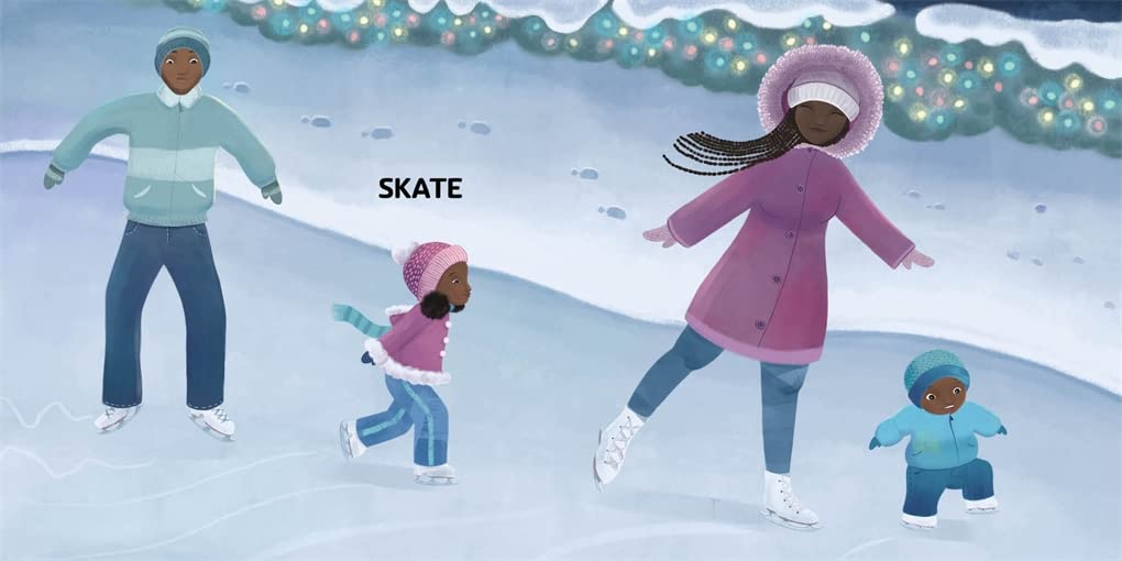 Snowy Mittens - A Winter Adventure shows a family ice skating on a snowy evening with colorful lights in the background.