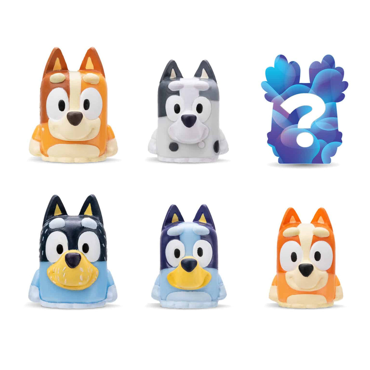 Mash'Ems Bluey collectible squishy toy figures featuring characters Bluey, Bingo, Lucky, and a mystery character.