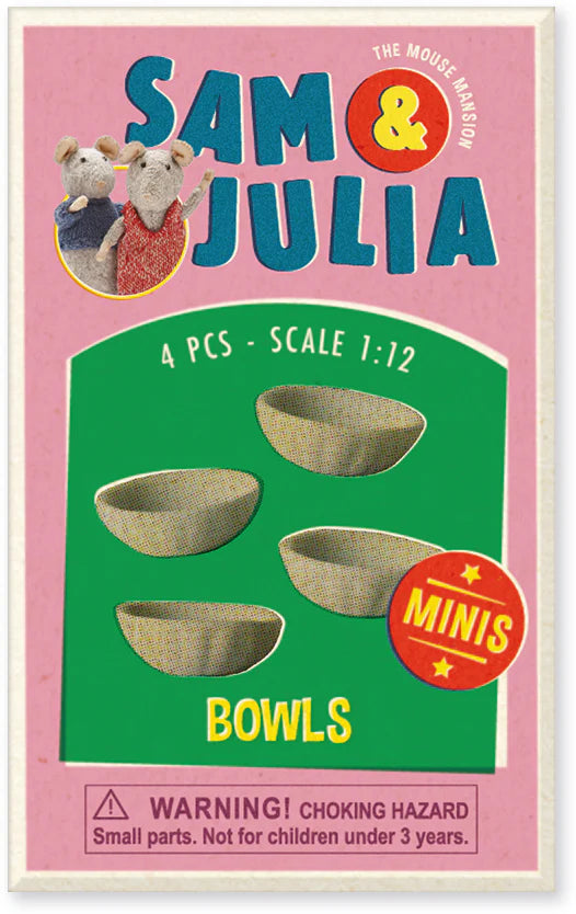 Sam & Julia Matchbook Miniature set featuring 4 scale 1:12 mini bowls, perfect for small accessories and play.