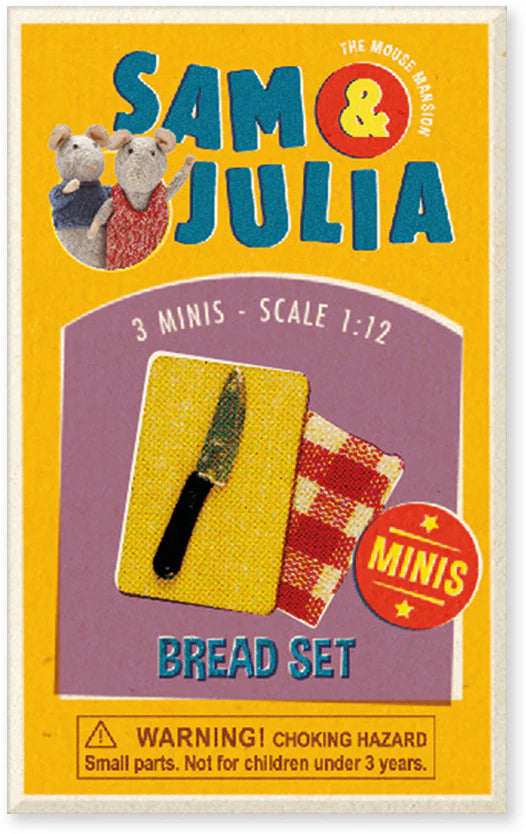 Sam & Julia | Matchbook Miniature bread set with knife and checkered cloth miniature accessories packaging.