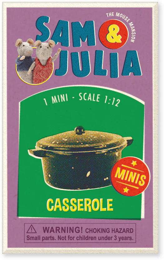 Sam & Julia | Matchbook Miniature featuring a miniature casserole pot accessory in 1:12 scale with collectible packaging.