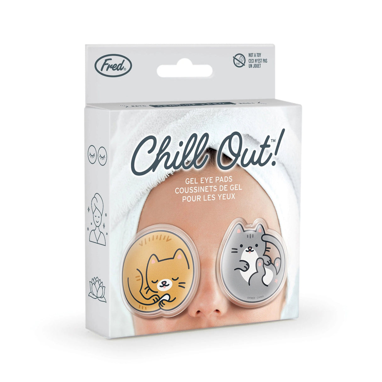 Chill Out! Eye Pads Kittens packaging showing gel eye pads with cute kitten designs for soothing tired eyes.