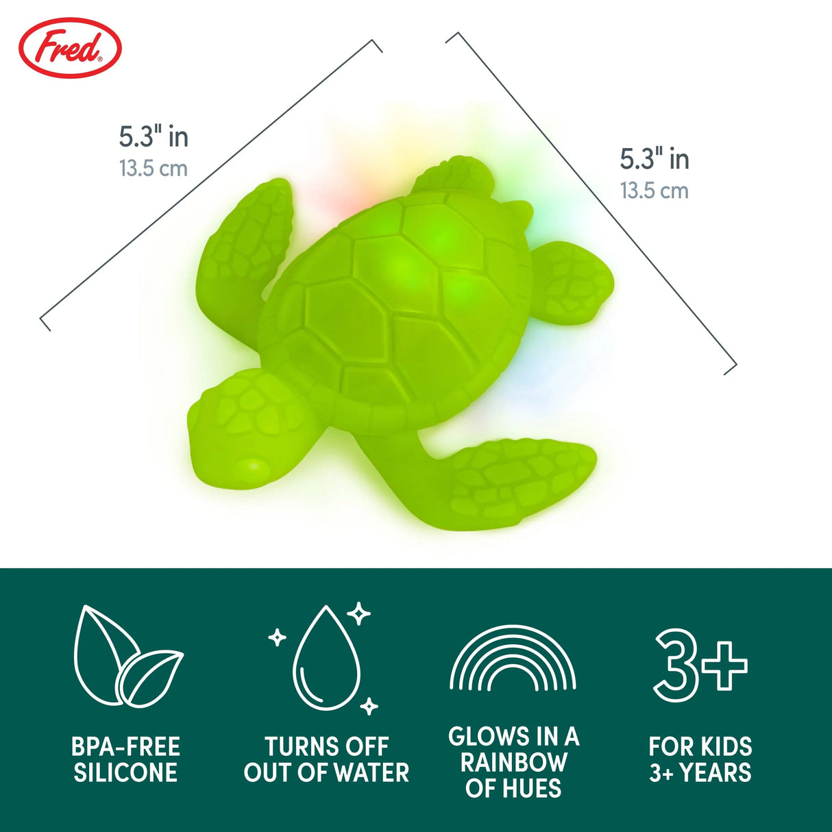 Tub Turtle bath toy made of BPA-free silicone that lights up with rainbow colors when in water, for kids 3 years and up.