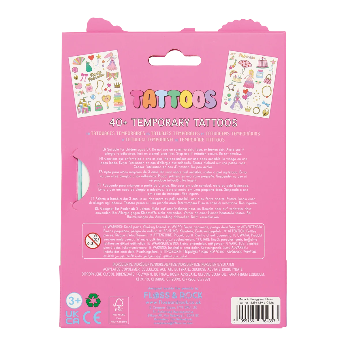 Princess Tattoos pink package featuring colorful temporary tattoo designs