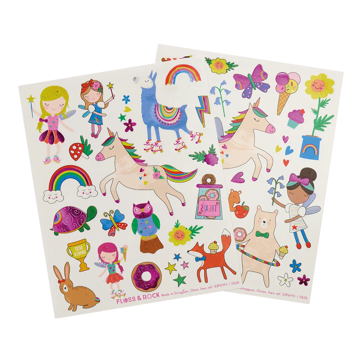 Rainbow Fairy Tattoos sheets with colorful fairies unicorns rainbows animals and playful designs