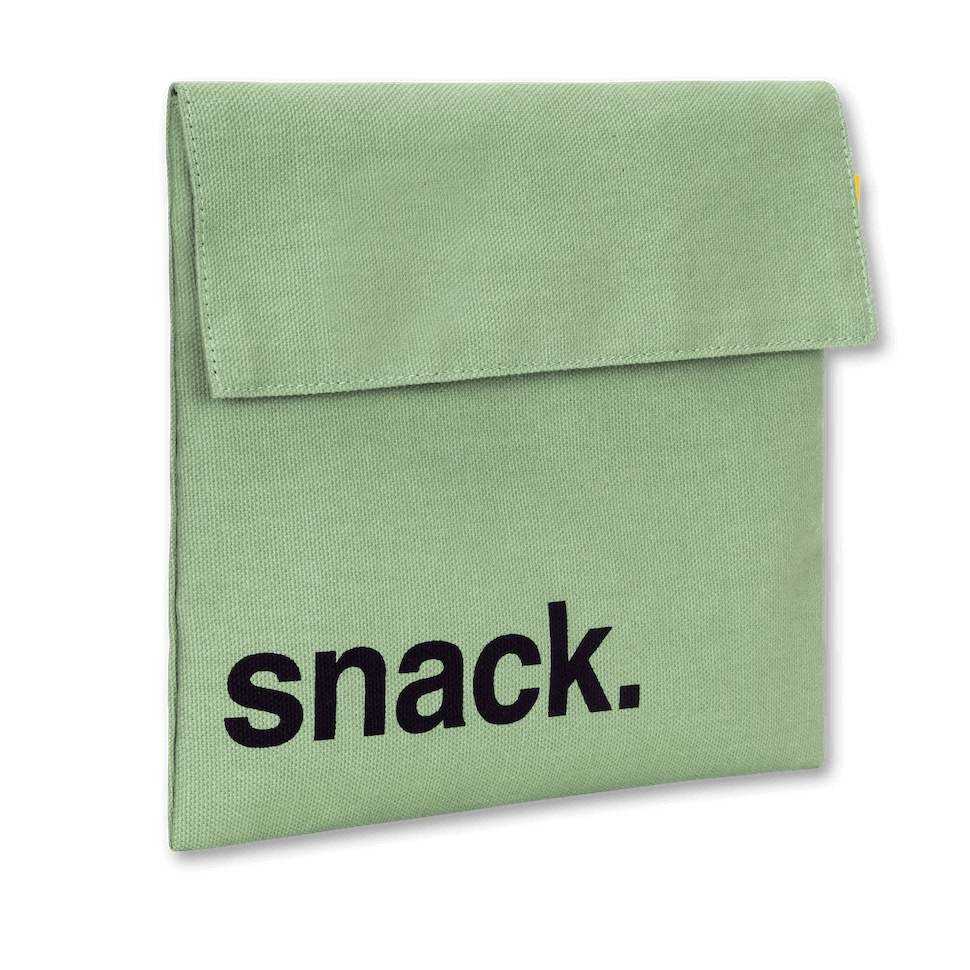Reusable organic snack bag in moss green with hook and loop closure, safe and easy to clean for all ages.