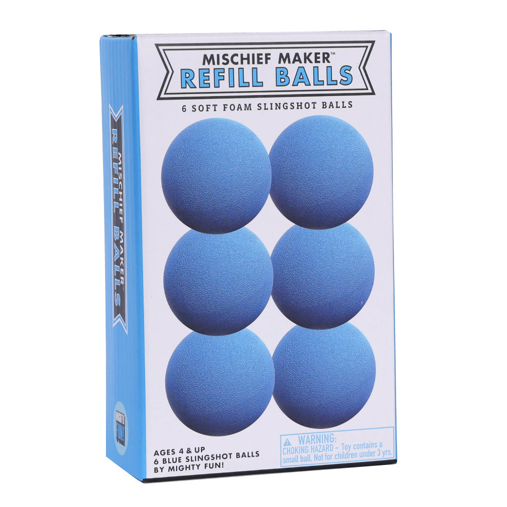 Slingshot Refill Balls pack with 6 soft blue foam balls designed for safe slingshot play for ages 4 and up.