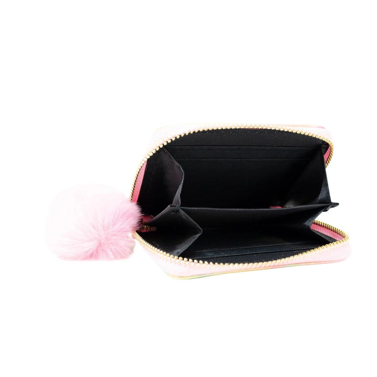Shiny Tie Dye Mermaid Scale Wallet open with black interior and pink pom pom