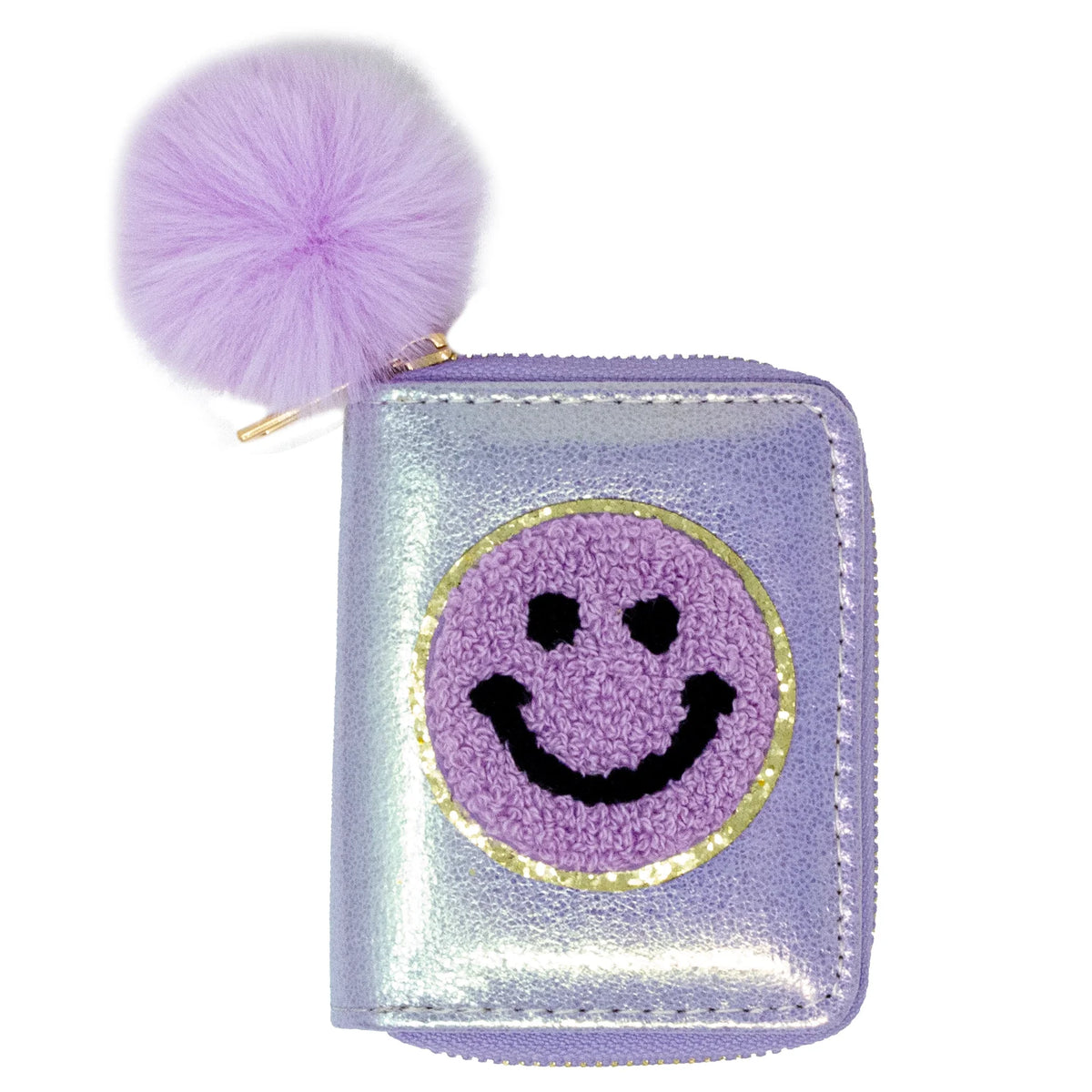 Shiny Happy Face Wallet with a lavender pom pom and smiling face design