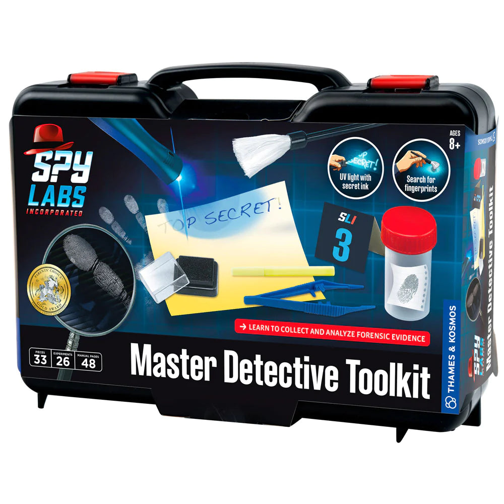 Spy Labs Master Detective Toolkit featuring forensic tools for collecting and analyzing evidence in a compact carrying case.