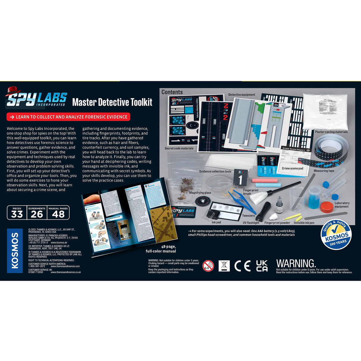 Spy Labs Master Detective Toolkit showing tools and instructions for forensic science experiments and crime-solving activities.
