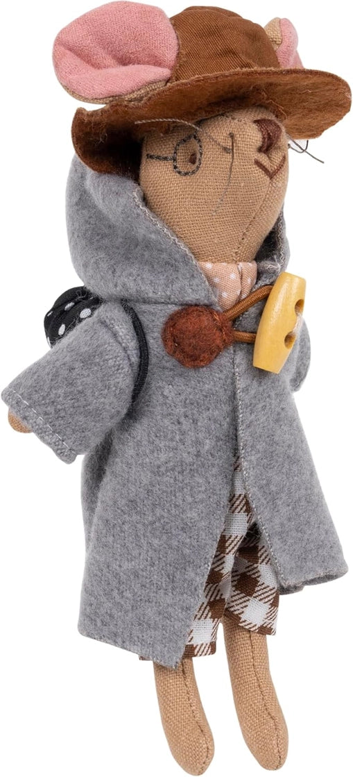 Cloth mouse dressed in a gray toggle coat and brown hat with pink ears, designed as a charming travel explorer toy.