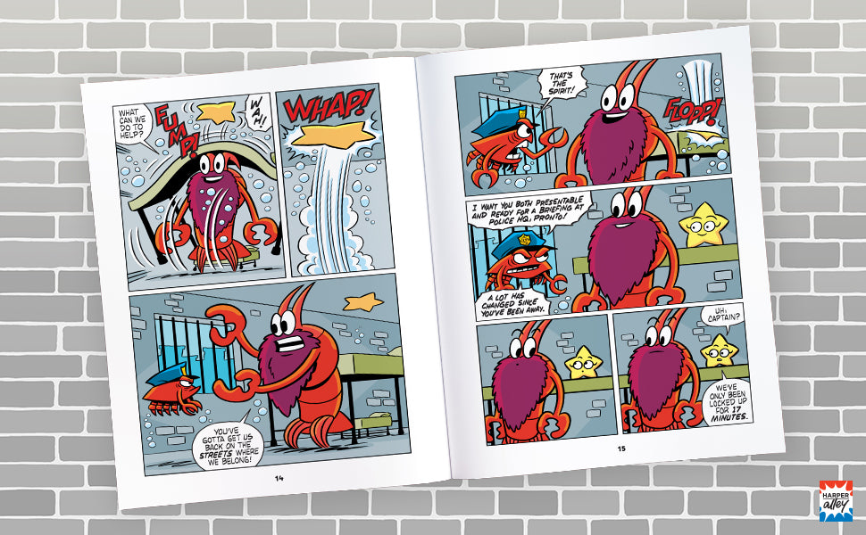 Open comic book pages of Officer Clawsome: Crime Across Time showing colorful characters in a detective adventure.